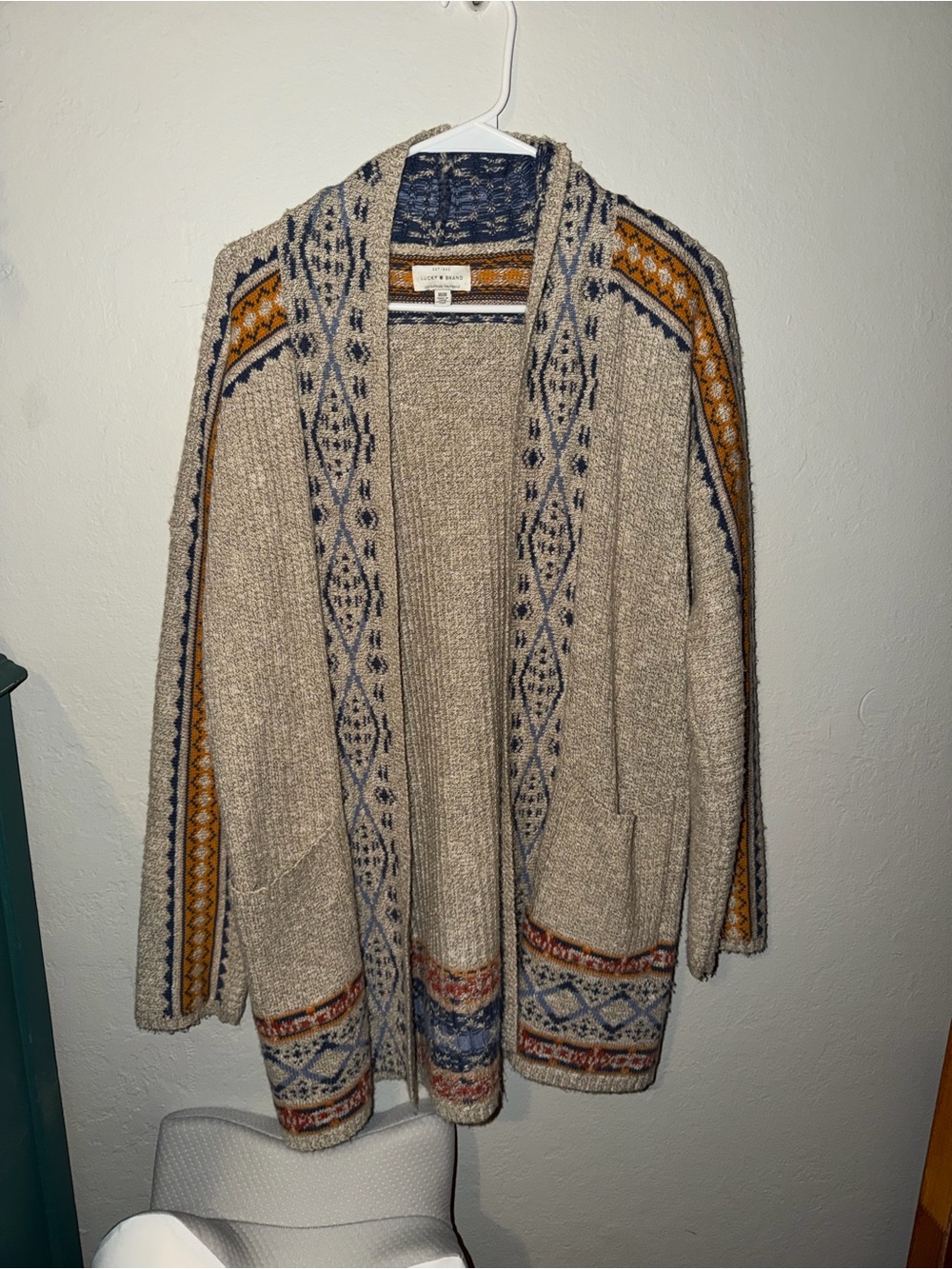 Lucky Brand knitted Beige Open-Front Cardigan with Navy and Mustard Accents